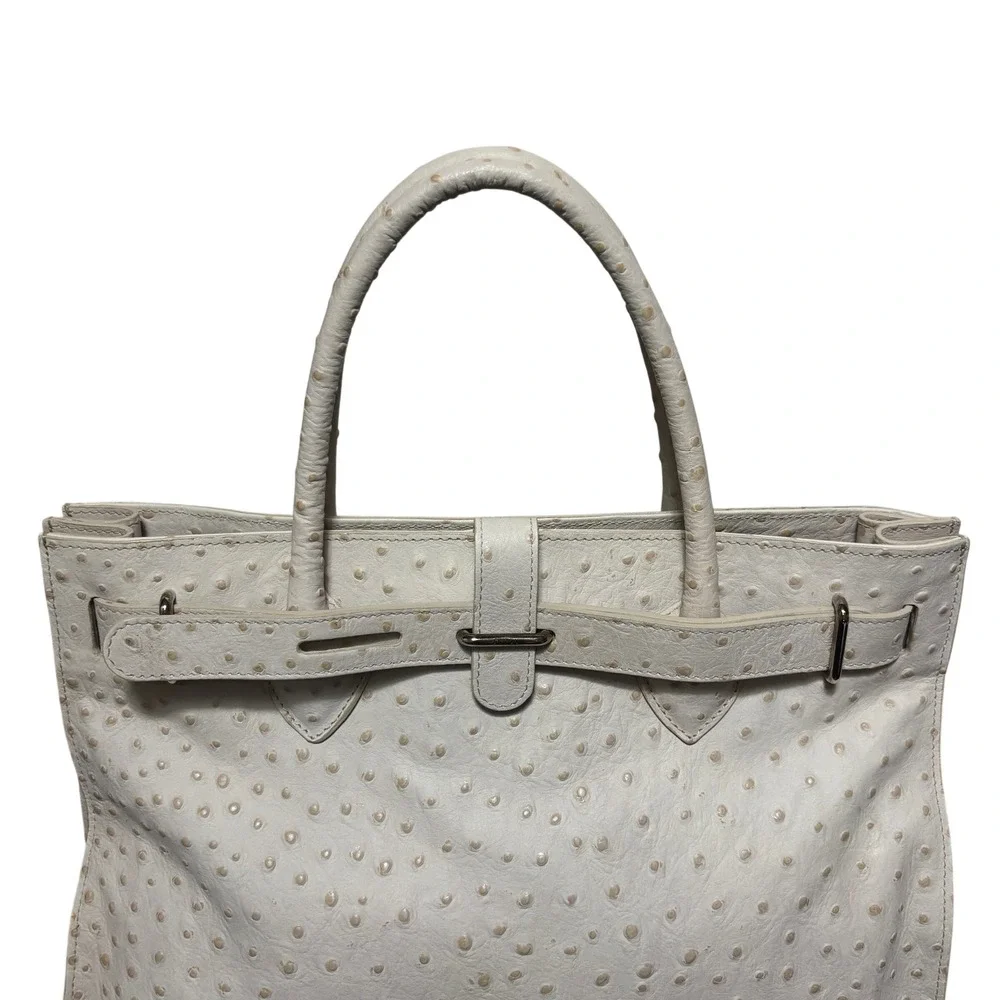 Furla Cream Ostrich Embossed Leather Satchel Double Handle Tote Handbag Women OS